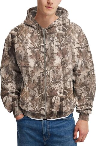 سترة رجالي مموهة بسحاب من الصوف للصيد سترة بطبعة أوراق القيقب كبيرة الحجم بأكمام طويلة وغطاء للرأس in Kuwait