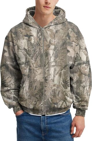 Mens Camo Zip Up Hoodie Fleece Hunting Jacket Maple Leaf Print Oversized Long Sleeve Hooded Sweatshirt in Saudi Arabia