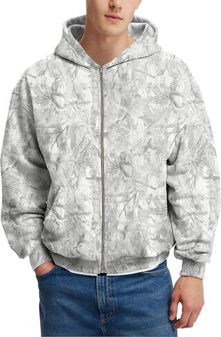 Mens Camo Zip Up Hoodie Fleece Hunting Jacket Maple Leaf Print Oversized Long Sleeve Hooded Sweatshirt in Saudi Arabia