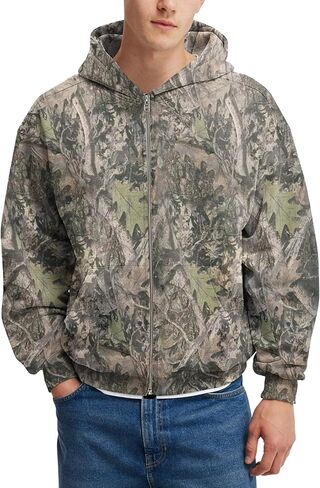 Mens Camo Zip Up Hoodie Fleece Hunting Jacket Maple Leaf Print Oversized Long Sleeve Hooded Sweatshirt in Saudi Arabia