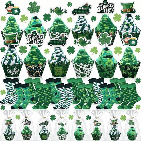 12 Pairs St. Patrick's Day Irish Cupcake Fuzzy Socks for Women with 12 Green Cupcake Paper Belt 12 Clover Shamrocks Four-leaf Cake Toppers 15 Packaging Bags Luck DIY Slipper Fluffy Sock in Saudi Arabia