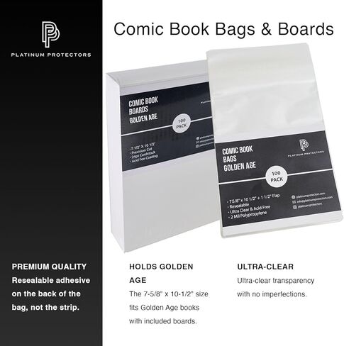Comic Book Bags & Boards for Golden Age (100-Count) Premium Resealable Poly Bag Sleeves - Adhesive Now on The Back of The Bag in Saudi Arabia