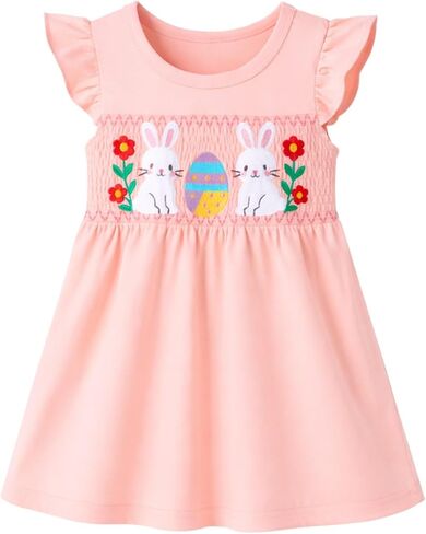 HILEELANG Girls Easter Dress Short Sleeve Cotton Casual Dress, Suitable for Toddlers, Cute and Soft Spring/Summer Dress 2-7Y in Kuwait
