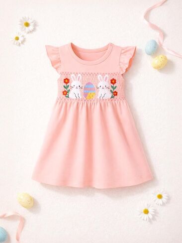 HILEELANG Girls Easter Dress Short Sleeve Cotton Casual Dress, Suitable for Toddlers, Cute and Soft Spring/Summer Dress 2-7Y in Kuwait