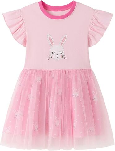 HILEELANG Girls Easter Dress Short Sleeve Cotton Casual Dress, Suitable for Toddlers, Cute and Soft Spring/Summer Dress 2-7Y in Kuwait