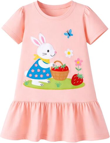 HILEELANG Girls Easter Dress Short Sleeve Cotton Casual Dress, Suitable for Toddlers, Cute and Soft Spring/Summer Dress 2-7Y in Kuwait