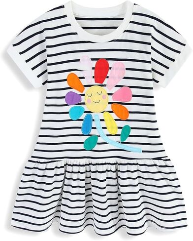 HILEELANG Girls Easter Dress Short Sleeve Cotton Casual Dress, Suitable for Toddlers, Cute and Soft Spring/Summer Dress 2-7Y in Kuwait
