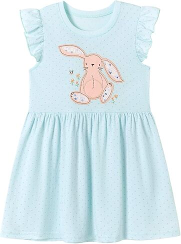 HILEELANG Girls Easter Dress Short Sleeve Cotton Casual Dress, Suitable for Toddlers, Cute and Soft Spring/Summer Dress 2-7Y in Kuwait