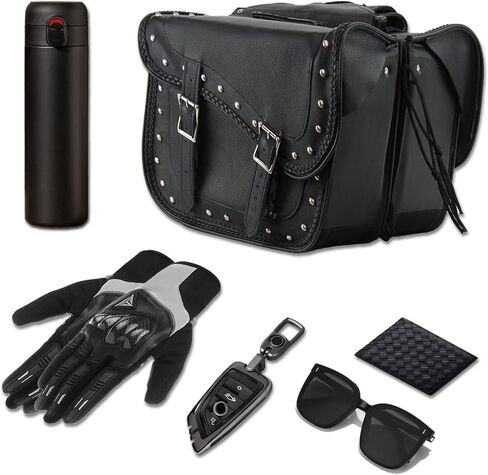 GARGOYLE BELLS Motorcycle Saddle Bags Synthetic Leather Luggage Bag Waterproof Throw Over Saddlebags For Motorcycle Softails Sportsters Choppers Dyna V-star Shadow (With Studs, Black, 13"x13“x10") in Saudi Arabia