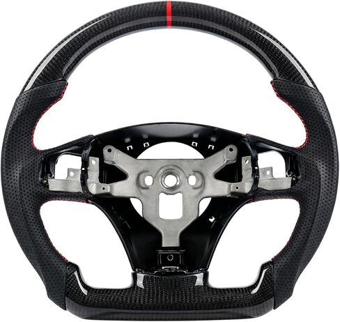 Real Carbon Fiber Steering Wheel for Chevy Corvette C6 2012 2013 Z06 ZR1 Grand Sport, Automatic Transmission with Paddle Shifter Holes, Flat Bottom Red Stripe Perforated Leather in Kuwait