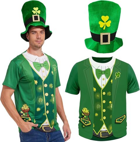 زي عيد القديس باتريك للرجال، تي شيرت Leprechaun Tuxedo باللون الأخضر وقبعة شامروك للرجال من إكسسوارات الحفلات الأيرلندية in Kuwait