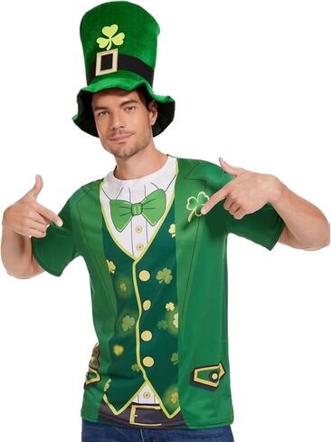 زي عيد القديس باتريك للرجال، تي شيرت Leprechaun Tuxedo باللون الأخضر وقبعة شامروك للرجال من إكسسوارات الحفلات الأيرلندية in Kuwait