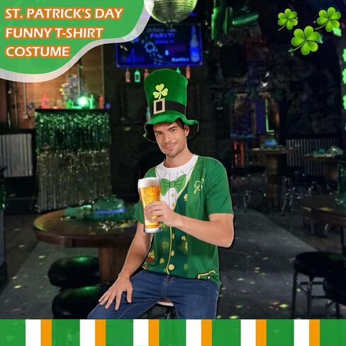 زي عيد القديس باتريك للرجال، تي شيرت Leprechaun Tuxedo باللون الأخضر وقبعة شامروك للرجال من إكسسوارات الحفلات الأيرلندية in Kuwait
