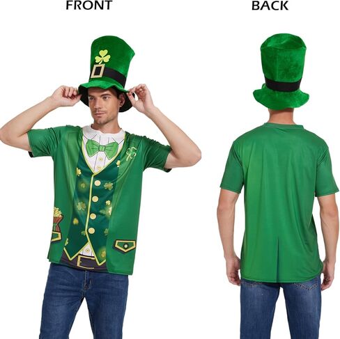 زي عيد القديس باتريك للرجال، تي شيرت Leprechaun Tuxedo باللون الأخضر وقبعة شامروك للرجال من إكسسوارات الحفلات الأيرلندية in Kuwait