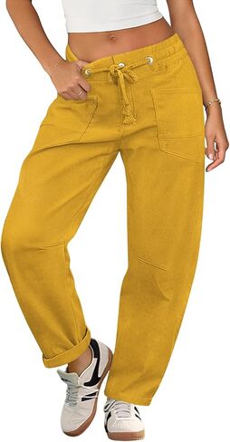 سراويل نسائية بخصر مطاطي للنساء سراويل فضفاضة منخفضة الارتفاع برباط وقابلة للتمدد عند الكاحل in Kuwait