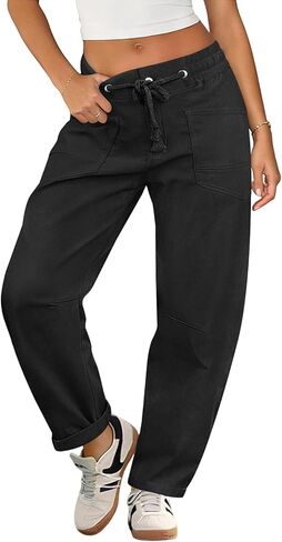Womens Elastic Waist Pants for Women Drawstring Low Rise Baggy Barrel Pants Stretchy Ankle Cropped Trousers in Saudi Arabia