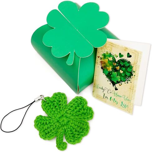St Patrick's Day Gifts for Women, Four Leaf Clover Gift Box Set, Handmade Crochet Shamrock Keychain & Lucky Greeting Card, Lucky Charm Keepsake, Meaningful Small Gift for Friends, Family, Coworker in Saudi Arabia