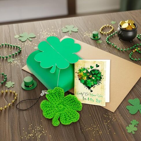 St Patrick's Day Gifts for Women, Four Leaf Clover Gift Box Set, Handmade Crochet Shamrock Keychain & Lucky Greeting Card, Lucky Charm Keepsake, Meaningful Small Gift for Friends, Family, Coworker in Saudi Arabia