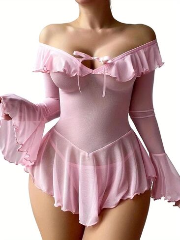Sexy Lingerie for Women Ruffle Mesh Teddy Bodysuit Off Shoulder Bell Sleeve Rave Outfit Plus Size in Saudi Arabia