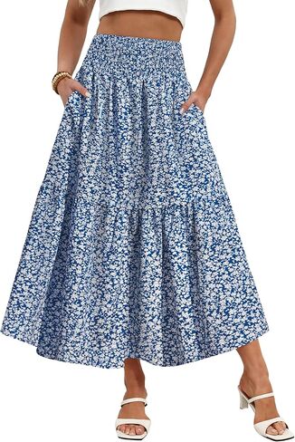 IWD Summer Long Skirts for Women Casual Smocked Elastic Waist Floral Maxi Skirt Flowy Swing A-Line Boho Skirt in Saudi Arabia