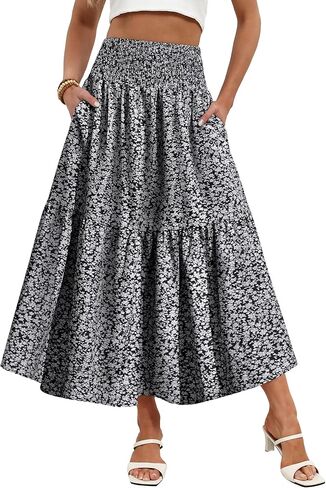 IWD Summer Long Skirts for Women Casual Smocked Elastic Waist Floral Maxi Skirt Flowy Swing A-Line Boho Skirt in Kuwait
