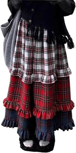 تنانير منقوشة كلاسيكية Y2K للنساء تنورة طويلة لطيفة مرقعة من Preppy تنورة طويلة مكشكشة ذات طبقات من Cottagecore in Kuwait