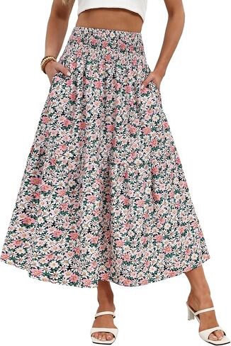 IWD Summer Long Skirts for Women Casual Smocked Elastic Waist Floral Maxi Skirt Flowy Swing A-Line Boho Skirt in Saudi Arabia