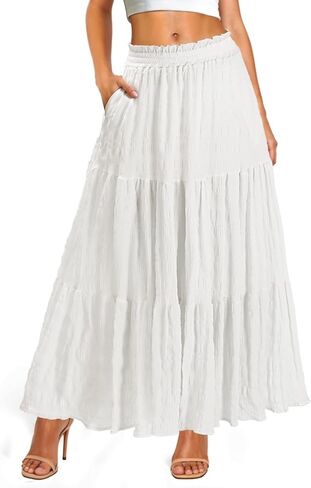 Women’s Boho Maxi Skirt Elastic High Waist A Line Flowy Ruffle Spring Beach Long Skirt with Pockets in Saudi Arabia