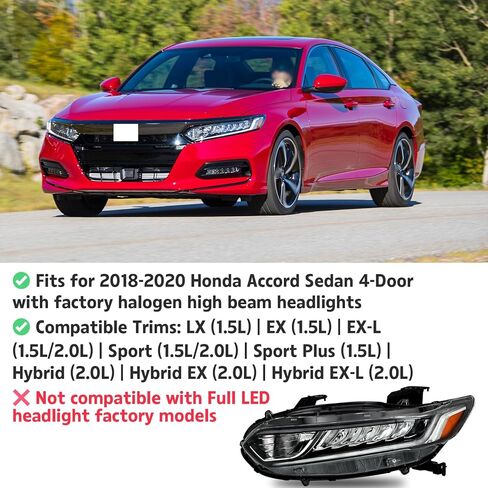 يناسب 2018 2019 2020 Honda Accord المصابيح الأمامية Sport LX EX EX-L، شعاع هالوجين عالي مع LED DRL للمصابيح الأمامية استبدال الجانب الأيسر للسائق HO2502187 33150-TVA-A01 in Kuwait