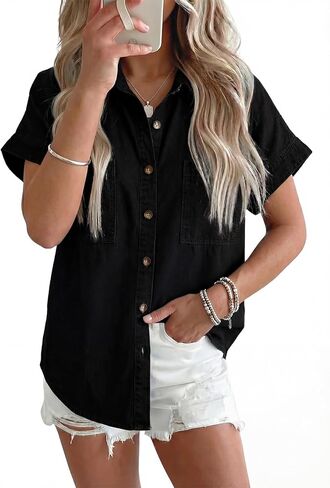 Sidefeel Women's Button Down Denim Shirt Collared Short Sleeve Jean Shirt Blouse with Pockets in Saudi Arabia
