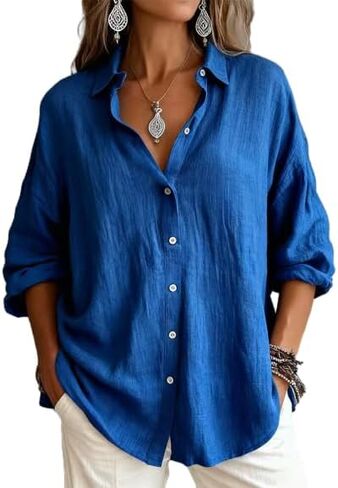 OSCORP Women's Linen Blend Button Down Shirt Oversized Long Sleeve Casual Blouse Textured Roll-up Sleeve Collared Tunic Top in Saudi Arabia