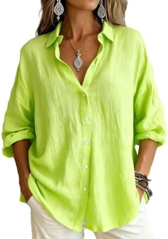 OSCORP Women's Linen Blend Button Down Shirt Oversized Long Sleeve Casual Blouse Textured Roll-up Sleeve Collared Tunic Top in Saudi Arabia