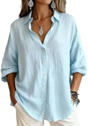 OSCORP Women's Linen Blend Button Down Shirt Oversized Long Sleeve Casual Blouse Textured Roll-up Sleeve Collared Tunic Top in Saudi Arabia