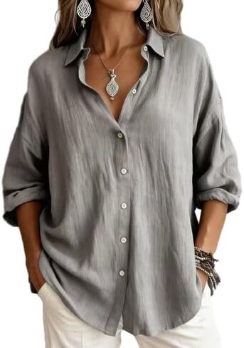 OSCORP Women's Linen Blend Button Down Shirt Oversized Long Sleeve Casual Blouse Textured Roll-up Sleeve Collared Tunic Top in Saudi Arabia