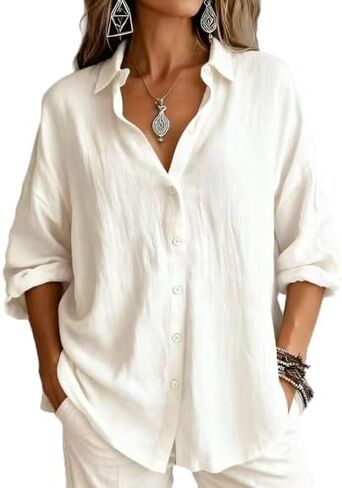 OSCORP Women's Linen Blend Button Down Shirt Oversized Long Sleeve Casual Blouse Textured Roll-up Sleeve Collared Tunic Top in Saudi Arabia
