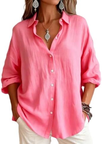 OSCORP Women's Linen Blend Button Down Shirt Oversized Long Sleeve Casual Blouse Textured Roll-up Sleeve Collared Tunic Top in Saudi Arabia