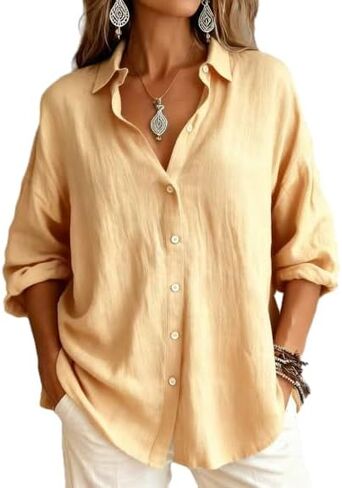 OSCORP Women's Linen Blend Button Down Shirt Oversized Long Sleeve Casual Blouse Textured Roll-up Sleeve Collared Tunic Top in Saudi Arabia
