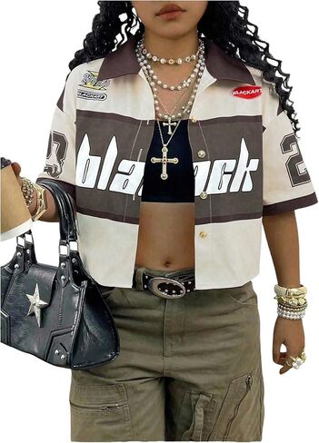 GORGLITTER Women's Graphic Short Sleeve Button Down Shirts Y2k Color Block Cropped Blouse Race Outfits in Saudi Arabia