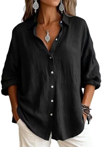 OSCORP Women's Linen Blend Button Down Shirt Oversized Long Sleeve Casual Blouse Textured Roll-up Sleeve Collared Tunic Top in Saudi Arabia