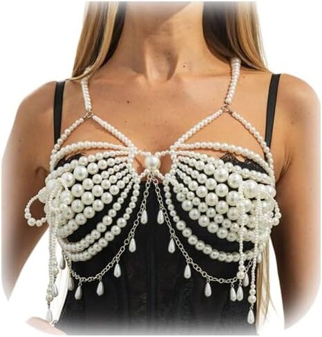 White Big Pearl Fringe Bra Chain for Women-Adjustable Pearl Lingerie Chain Summer Beach Beaded Body Chain,Sexy Beaded Tassel Chest Jewelry for Party in Saudi Arabia