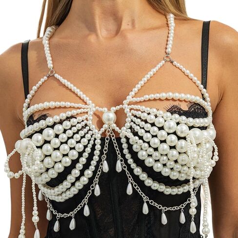 White Big Pearl Fringe Bra Chain for Women-Adjustable Pearl Lingerie Chain Summer Beach Beaded Body Chain,Sexy Beaded Tassel Chest Jewelry for Party in Saudi Arabia