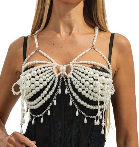 White Big Pearl Fringe Bra Chain for Women-Adjustable Pearl Lingerie Chain Summer Beach Beaded Body Chain,Sexy Beaded Tassel Chest Jewelry for Party in Saudi Arabia