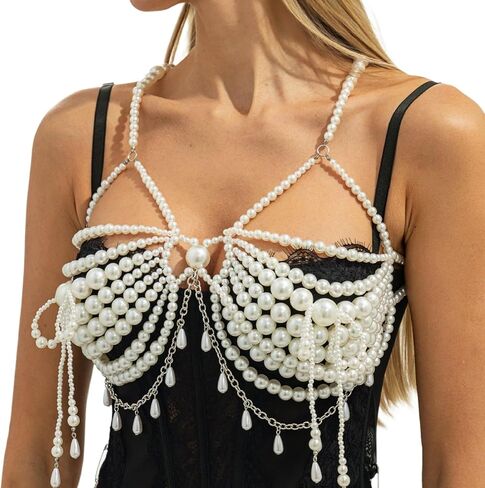 White Big Pearl Fringe Bra Chain for Women-Adjustable Pearl Lingerie Chain Summer Beach Beaded Body Chain,Sexy Beaded Tassel Chest Jewelry for Party in Saudi Arabia