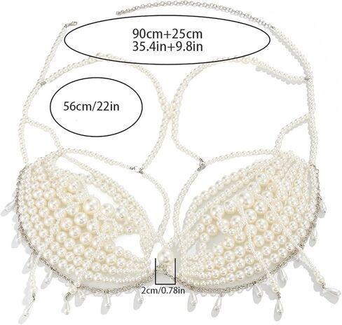 White Big Pearl Fringe Bra Chain for Women-Adjustable Pearl Lingerie Chain Summer Beach Beaded Body Chain,Sexy Beaded Tassel Chest Jewelry for Party in Saudi Arabia