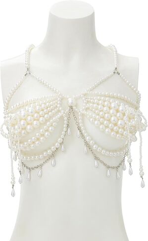 White Big Pearl Fringe Bra Chain for Women-Adjustable Pearl Lingerie Chain Summer Beach Beaded Body Chain,Sexy Beaded Tassel Chest Jewelry for Party in Saudi Arabia