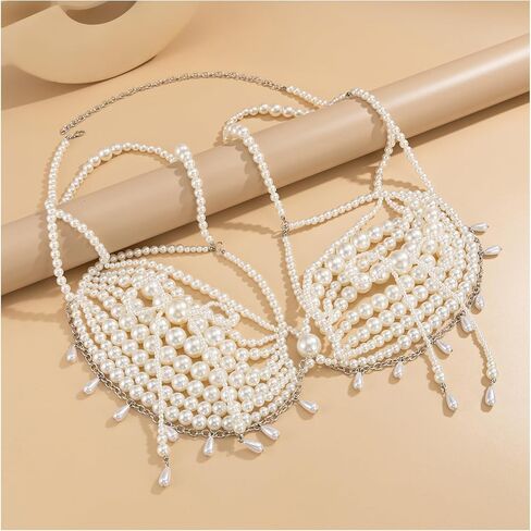 White Big Pearl Fringe Bra Chain for Women-Adjustable Pearl Lingerie Chain Summer Beach Beaded Body Chain,Sexy Beaded Tassel Chest Jewelry for Party in Saudi Arabia