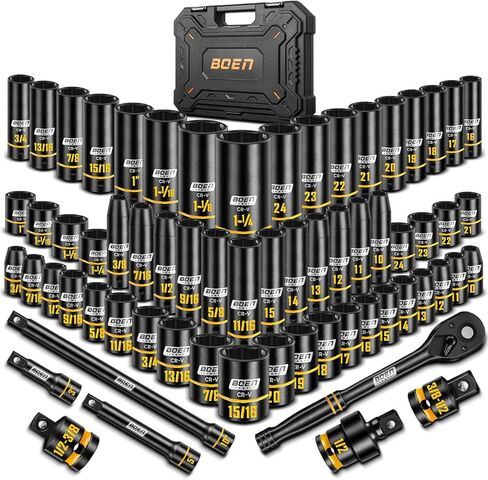 BOEN 1/2" Drive Impact Socket Set, 36-Piece Metric (10-24mm) Deep & Standard Socket with Paint-Filled Markings, Includes Extensions, Adapter & Universal Joint in Saudi Arabia