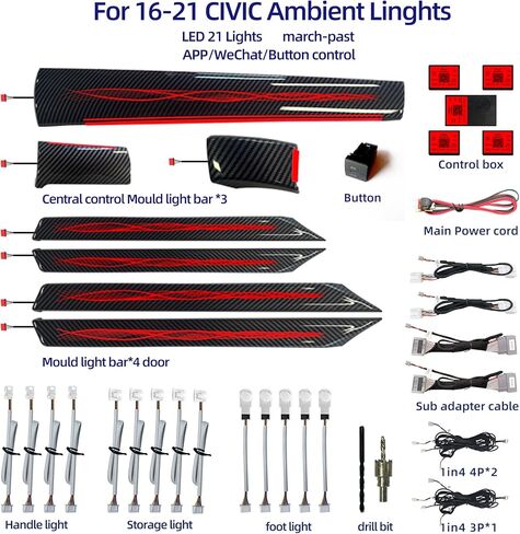 مجموعة الإضاءة المحيطة المخصصة للجيل العاشر من Honda Civic - مصابيح السيارة الداخلية LED بـ 256 لونًا مع حواف من ألياف الكربون، والتحكم في التطبيق، وتركيب التوصيل والتشغيل للأبواب/لوحة القيادة/موضع القدم (2016-2021) in Saudi Arabia