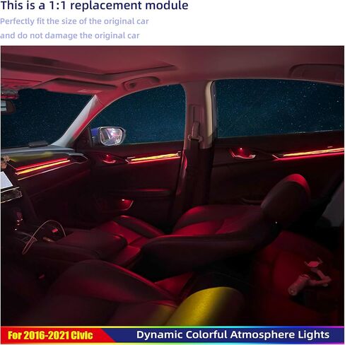مجموعة الإضاءة المحيطة المخصصة للجيل العاشر من Honda Civic - مصابيح السيارة الداخلية LED بـ 256 لونًا مع حواف من ألياف الكربون، والتحكم في التطبيق، وتركيب التوصيل والتشغيل للأبواب/لوحة القيادة/موضع القدم (2016-2021) in Saudi Arabia