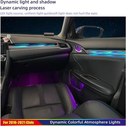مجموعة الإضاءة المحيطة المخصصة للجيل العاشر من Honda Civic - مصابيح السيارة الداخلية LED بـ 256 لونًا مع حواف من ألياف الكربون، والتحكم في التطبيق، وتركيب التوصيل والتشغيل للأبواب/لوحة القيادة/موضع القدم (2016-2021) in Saudi Arabia